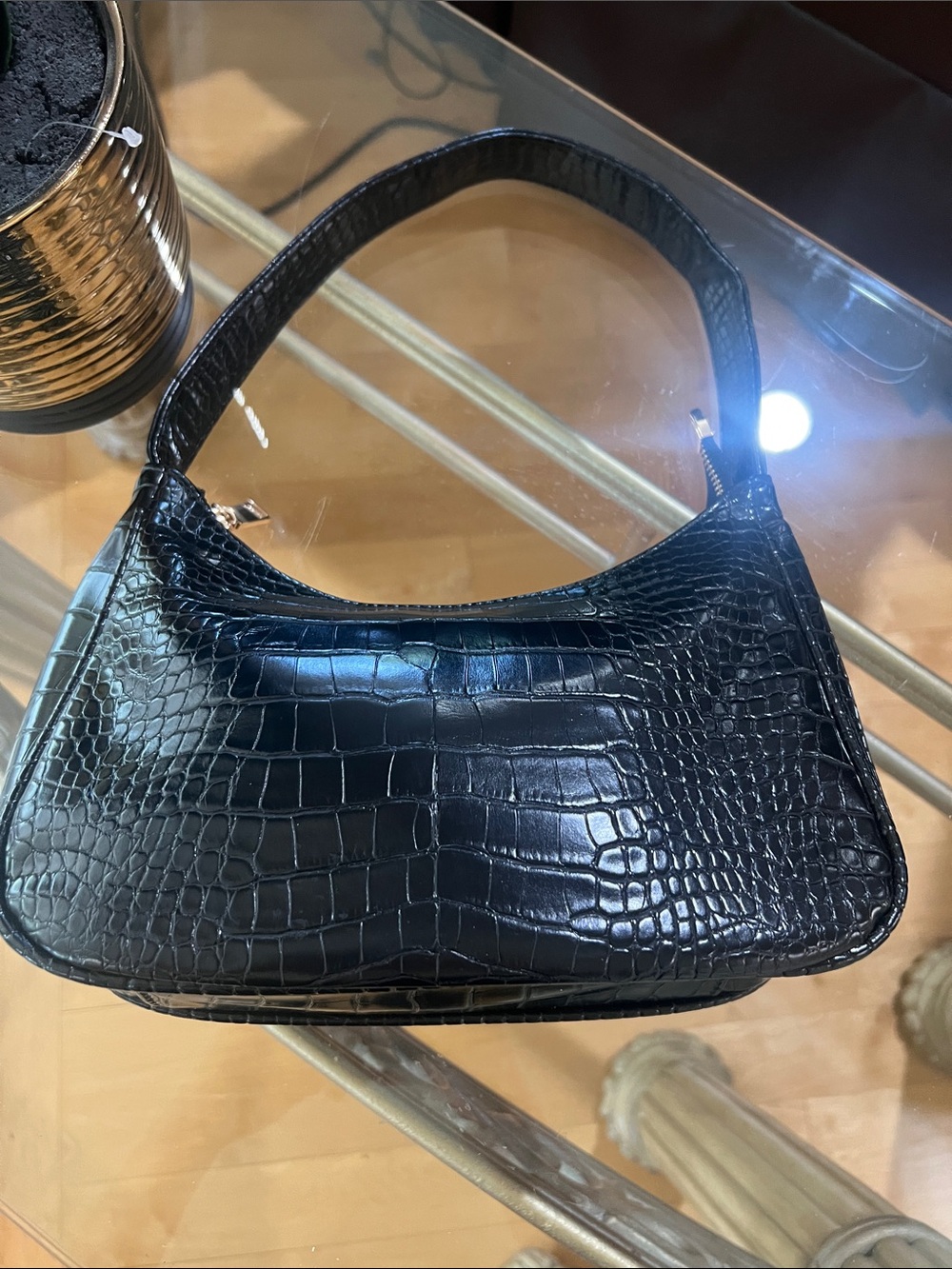 Black Croc-Embossed Leather Shoulder Bag